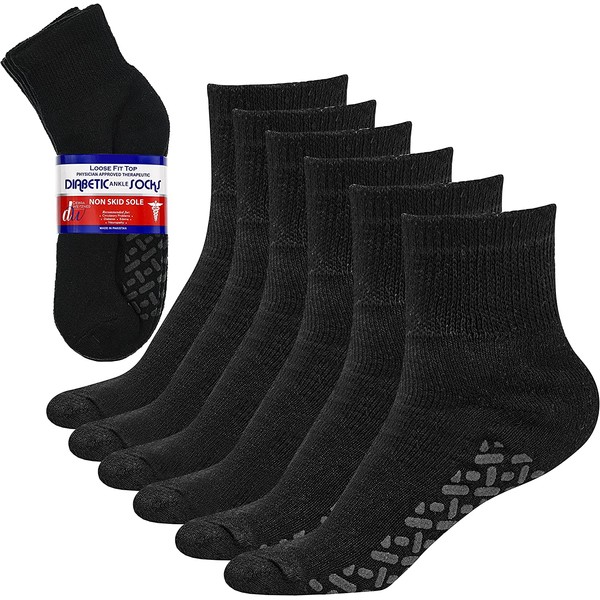 6 Pairs Non-Binding Loose Fit Sock - Non-Slip Diabetic Socks for Men and Women - Ankle Black