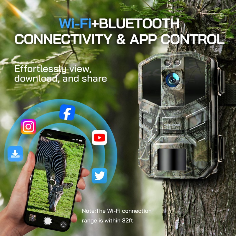 WOLFANG Wildlife Camera 64MP 4K HD, WiFi Bluetooth Trail Camera,