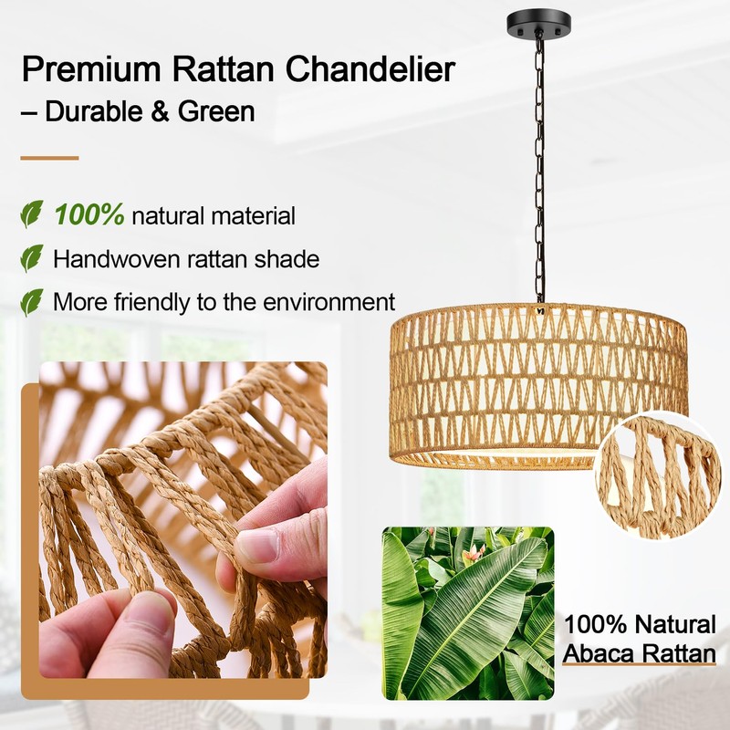Farmhouse Chandeliers for Dining Room, Hand Woven 5-Light Rattan Pendant