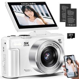 Digital Camera, 5K Recording, 75 Million Pixels, Transmitted to Smartphones, Digital Camera, Wi-Fi Function, Auto Focus, Selfie, 18x Digital Zoom, Continuous Shooting, 180° Rotatable Display, 3.0 Inch