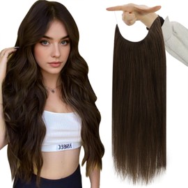 Fshine Invisible Wire Hair Extensions Dark Brown Secret Hairpiece 12 inch 76 G Clip in Wire Hair Extensions Adjustable Fish Line Straight Natural Remy Human Hair for Women