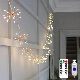 DINOWIN Mini Firework String Light with Remote Control USB Operated 8 Modes Chain Fairy String Lights Firefly Lights for Indoor Xmas Party Home Garden Decoration (5in1 50LED)