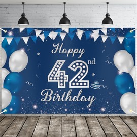 JOYKY Happy 42nd Birthday Banner, Blue Silver Party Decorations, 5.9 X 3.8 Fts