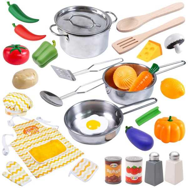 JOYIN 29pcs Kids Pretend Play Kitchen Daycare Cooking Toy with Stainless Steel Cookware Pots and Pans Set, Cooking Utensils, Apron&Chef Hat and Grocery Play Food Sets, Kids Gifts