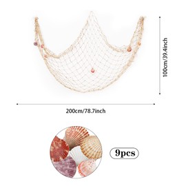 Decorative Fishing Net with 9Pcs Shells, Jagowa 1M*2M Nautical Fishing Net Wall Hanging Decor Mediterranean Style Netting for Party Home Photo
