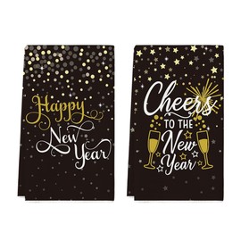 Artoid Mode Star Champagne Happy New Year Kitchen Towels Dish Towels, 18x26 Inch Farmhouse Cheers Fireworks Decoration Hand Towels Set of 2