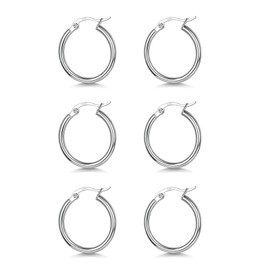 3 Pairs 925 Sterling Silver Hoop Earrings | Small White Gold Plated Hoop Earrings for Women (13mm,15mm,20mm，25mm,30mm,40mm,50mm,60mm), 13mm*3, Metal, No Gemstone