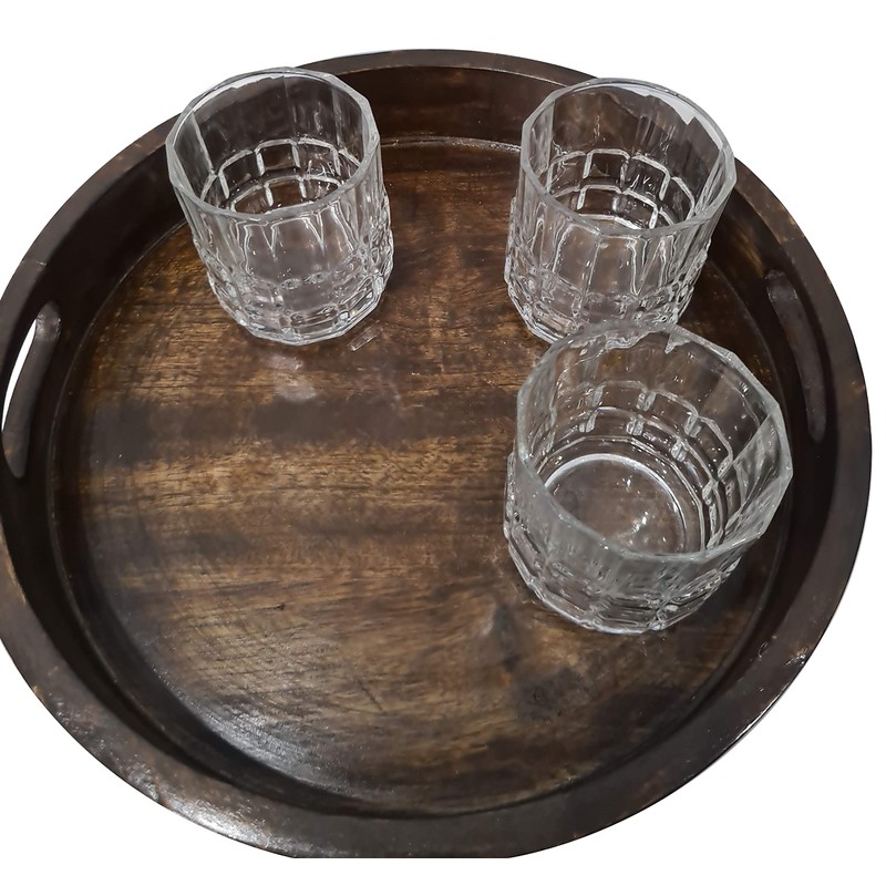 Hand Carved Wooden Round Platter with Handles Rustic Serving Tray,