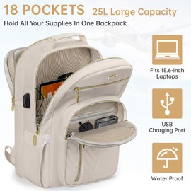 WELIDAY Laptop Backpack for Women, Work Travel Computer Bags, Quilted Casual Daypack with USB Port, Waterproof Computer Backpack Fit 15.6 Inch Laptop (Beige)