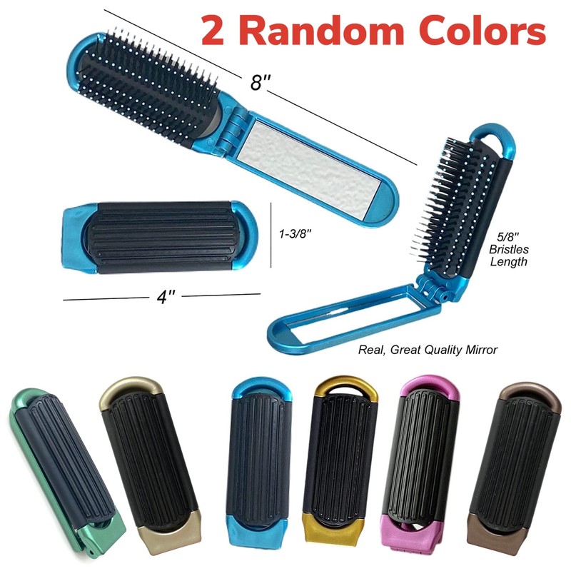 ALAZCO 2 Assorted Colors Folding Hair Brush With Mirror Compact