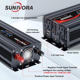 2000 Watt Power Inverter 12V DC to 110V/120V AC Converter 4000W Peak with LCD Display, 3 AC Outlets & 2 USB Ports Power Inverters for Vehicles Car Truck Boat RV Camping Solar System EPS