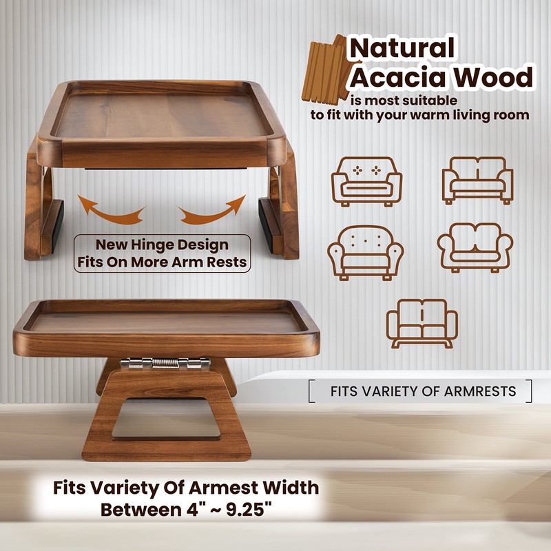 Tinamo 13.75" x 9.5" Acacia Couch Arm Table, Wooden Sofa