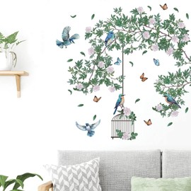 HPUINB Green Plants Birds Wall Stickers for Bedroom,Green Leaf Tropical Plants Wall Art Stickers for Living Room,Removable Palm Tree Leaves Wall Murals for Bedroom Kitchen Home Decor