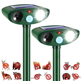 2 Pack Solar Animal Repellent Ultrasonic Outdoor Squirrel Fortress Pro, Deer Repellent Devices with Motion Sensor & Strobe Light,Waterproof Cat Dog Raccoon Rabbit Deterrent for Garden Yard