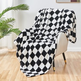 SOCHOW Checkered Flannel Throw Blanket, Soft Cozy Checkerboard Grid Pattern Fleece Blanket for Couch Bed Sofa, Black 127cm x 150cm