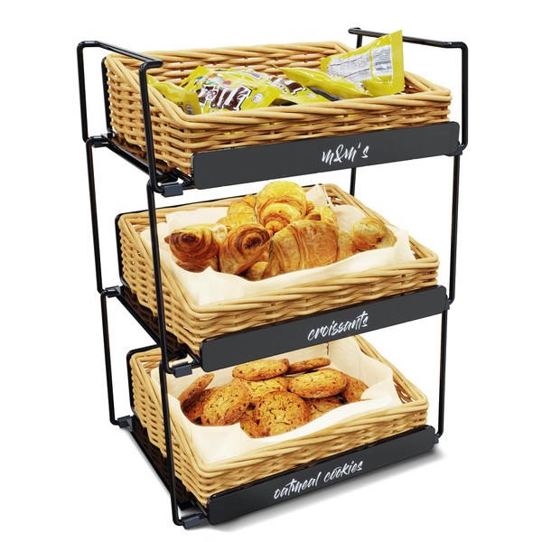 DS THE DISPLAY STORE 3 Tier Countertop Willow Basket Stand, Chalk Label & Removable Baskets, Retail Tower Storage Shelves Cookie Candy Display Rack