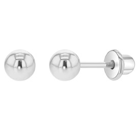Rhodium Plated Traditional Plain Ball Safety Screw Back Earrings for Infants, Toddlers, and Little Girls 4mm - Simply Adorable and Classic Baby Srew Back Earrings for Kids
