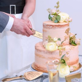 KSENDALO - Juego de cuchillos y servidores para tartas de boda, juego de corte de pasteles de oro rosa para boda, juego de cuchillos y servidores de pasteles de acero inoxidable SUS304 para bodas,