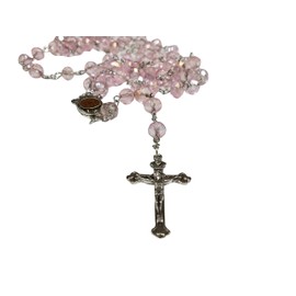 LION OF JUDAH MARKET Catholic Light Pink 10mm Crystal Beads Rosary Holy Soil Medal & Silver Crucifix