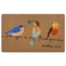 XLDLIOO Christian Colorful Birds Door Mat,His Eye Is on The Sparrow Matthew Welcome Front Door Mat Indoor Outdoor Entrance,Rustic Bible Verse Artificial Coir Doormat Rugs for Patio Entry Decor 30x17in
