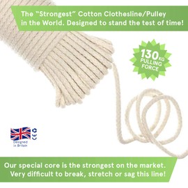“The Strongest” Natural Cotton Clothesline Pulley by Smith’s® | 20m/66ft X 5.5mm | Soft Braided 130kgs Pulling Force Rope | Snag & Tear Resistant | 1 Year Guarantee!