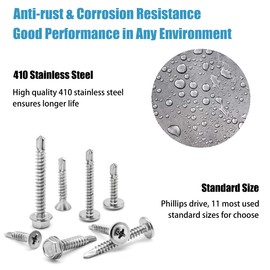 410 Stainless Steel Self Tapping Screws for Metal, #8#10 Self Drilling Assortment Set, 425PCS Truss, Hex & Flat Head Sheet Metal Screws, Length 1/2" to 2"