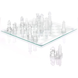 Srenta Fine Glass Chess Set Game, Modern Clear Chess Set, Deluxe Chess Set Glass Chess Board Set with Solid Clear & Frosted Chess Glass Pieces | 9.7’’ Crystal Chess Boards Sets, Felt Padding Included
