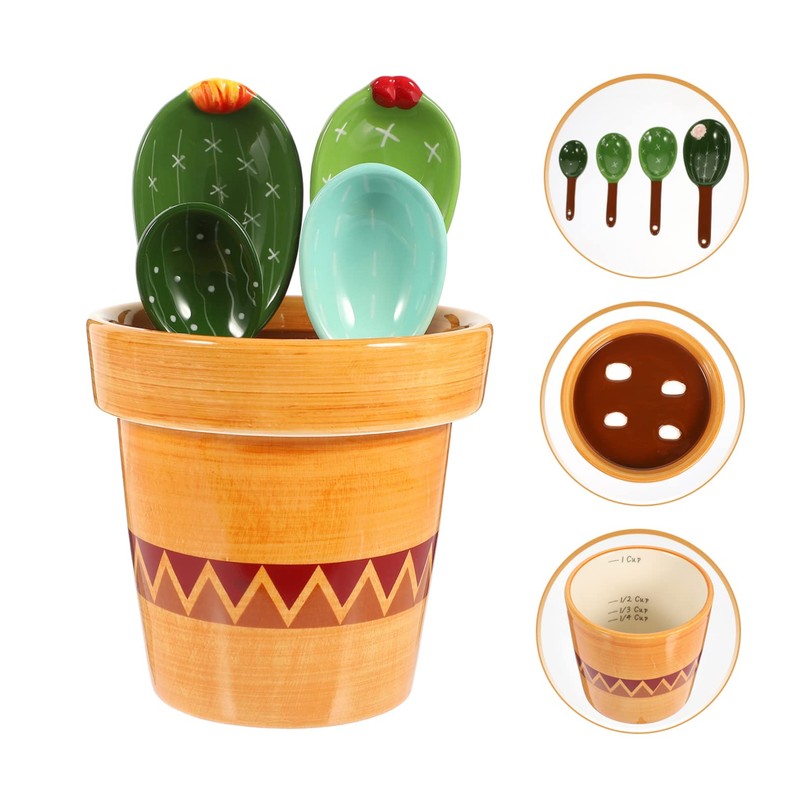 LABRIMP Elegant Cactus Measuring Spoon Set 5-Piece Ceramic Utensils Ergonomic