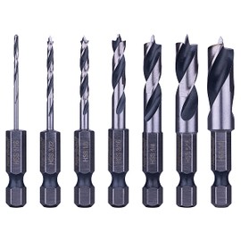 NordWolf 7-Piece HSS Brad Point Stubby Wood Drill Bit Set with 1/4" Hex Shank for Carpenter Woodworking, SAE Sizes 1/16"-3/32"-1/8"-3/16"-1/4"-5/16"-3/8"