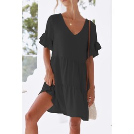 nclook Womens Summer Casual Dresses Sweet Cute V Neck Mini Dress with Pockets Ruffle Short Sleeve Black
