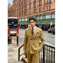 Men's Suits 2-Piece Set Double Breasted Peak Lapel Striped Tuxedo Jacket & Pants for Wedding, Prom, Business (Yellow,X-Large)