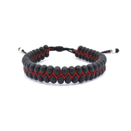 Agálea | Pulsera doble tejida de bolitas de piedras naturales y Plata ley .925 para Hombre (Negro-Rojo)