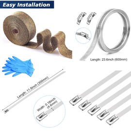Exhaust Heat Wrap Roll for Motorcycle Auto Titanium Fiberglass Heat Shield Tape with Stainless Hose Clamp Ties (Titanium, 2" x 16.5')