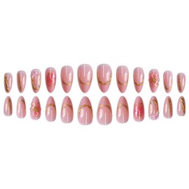 Summer Press on Nails Medium Almond False Nails with Rhinestone Flower Charm Designs 3D Gold Curve Fake Nails Pink Floral Stick on Nails Glossy Full Cover Acrylic Nails for Women Manicure 24Pcs