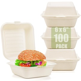 Peohud Peohud 100 Pack Compostable Clamshell Take Out Food Containers, 6 x 6 Inches Disposable To-Go Food Containers, Bagasse Bento Cake Box for Hamburger Sandwiches Chips