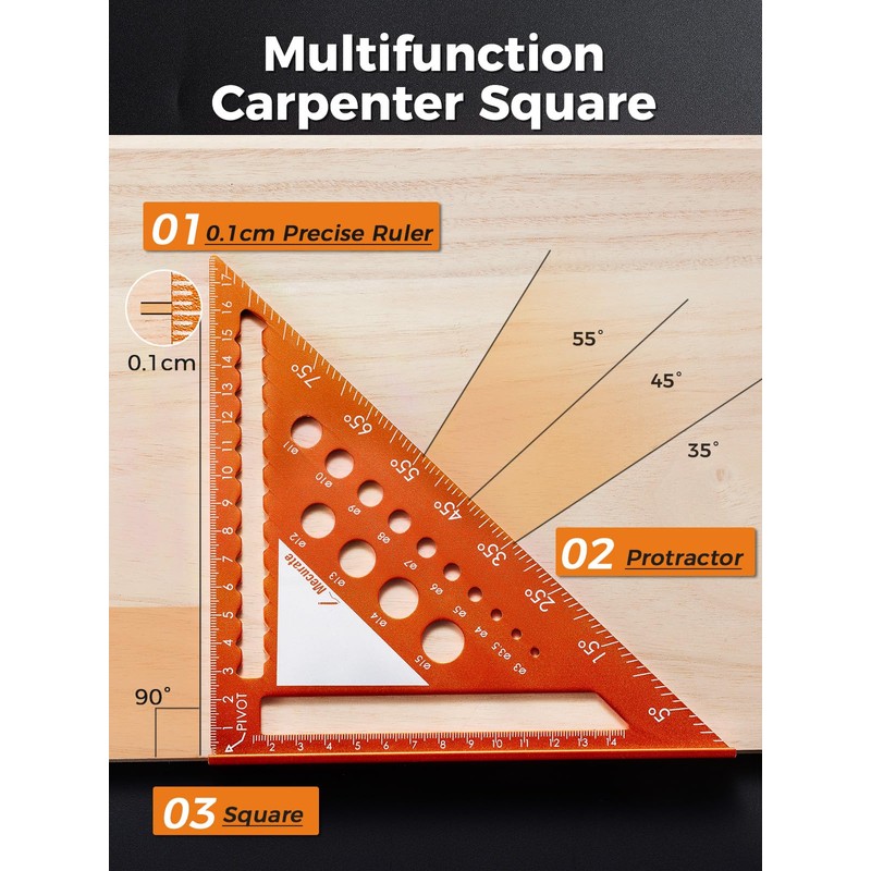 Mecurate Metric Aluminum Alloy Rafter Square (18cm) with 2-in-1 Carpentry
