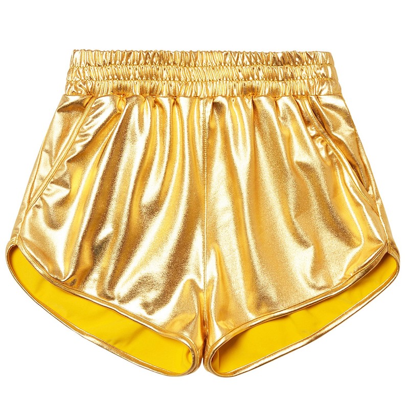 Perfashion - Pantalones cortos metálicos brillantes para mujer, Oro, 6-8