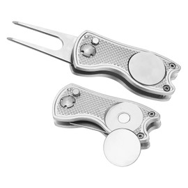 PATIKIL Golf Divot Repair Tool, 2 Pack Foldable Metal Golf Green Divot Tool with Magnetic Ball Marker & Stainless Steel Fork for Golfer, Silver