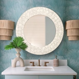 Autdot Capiz Shell Round Mirror, 30'' Coastal Mirror with Natural Capiz Seashell Frame, Decorative Circle Wall Mirrors for Living Room Mantel Bathroom Entryway