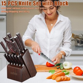 Dfito Knife Block Set,15 PCS Knife Set with Block and Sharpener,High Carbon Stainless Steel Sharp Blade Kitchen Knivies Set with Ergonomic Handle,Steak Knives with Block,Dishwasher Safe Knife Set