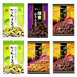 Karinto Assortment 6-Pack Japanese Sweets Wagashi Snack Box: Tokyo Karinto Hachimitsu Kuromitsu 90g (2 Bags), Hachimitsu Shiro Hachi 90g (1 Bag), Tokyo Karinto Nerimitsu 150g (1 Bag), Nishio Matcha Karinto 70g (2 Bags) - Total 6 Bags - MADE IN JAPAN - Limited Stock