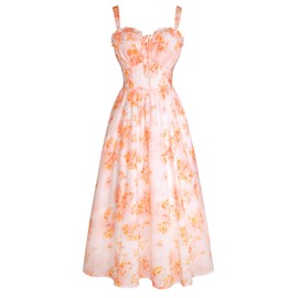 Floral Corset Dress Summer Dresses for Women 2025 Cottagecore Sundress MIdi Milkmaid Dress Orange S