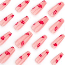 Nude Pink Press on Nails Long Coffin Fake Nails Valentines Nails Press ons with Red Lip Design,Reusable Artificial Nails Full Cover Stick on Nails for Women Manicure 24 Pcs