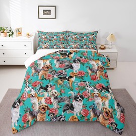 Erosebridal Cartoon Dog Comforter Twin Size,Dogs Family Bedding Set for Kids Boys Girls,Watercolor Flowers Leaves Quilt,Lovely Puppy Pet Animal Duvet Insert with 1 Pillow Case