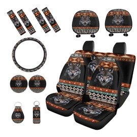 PCSJRKG Wolf Aztec Style Printed 15 Pcs Car Seat Cover Full Set, Protective Car Accessory Set Steering Wheel Cover Seat Belt Covers Car Coaster Car Headrest Cover