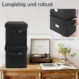 Vinyl Record Storage Box for 7"/45 RPM LPs, Black Case with Lid Holds up to 80 Albums, CD Crate Play Music Collection Holder, Collapsible File Folder Cabinet Organizer with Handle