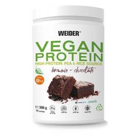 Weider Vegan Protein (300g) Brownie Flavour. 21g Protein/Dose, Pea Isolate (Pisan) & Rice Proteins. With Vitamin B12 and Stevia. Gluten Free, Sugar-Free. Packaging: 50% Recycled, 100% Recyclable