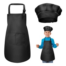 WEONE Kinder Schürze und Kochmütze Set, Kinder Einstellbare Kochschürze Kinderschürzen mit 2 Taschen für Jungen Mädchen, Kind Küchenschürzen für Küche Kochen Backen Malerei (7-13 Jahre) (Schwarz)
