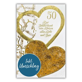 bsb Golden Wedding Card - Loving Gifts for Golden Wedding with Heart Motif - Card for Gold Wedding Anniversary with Envelope - Wedding Anniversary - Card in 11.5 x 17.0 cm