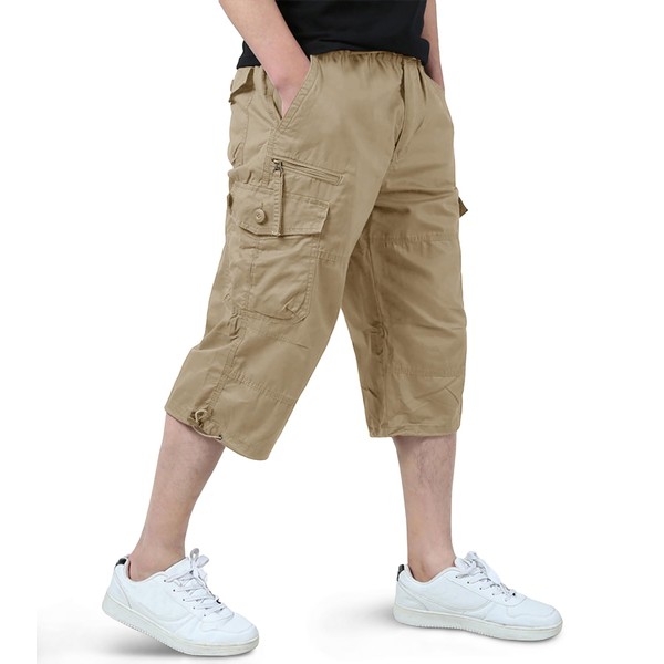 EKLENTSON Long Cargo Shorts for Men Elastic 3/4 Capri Pants